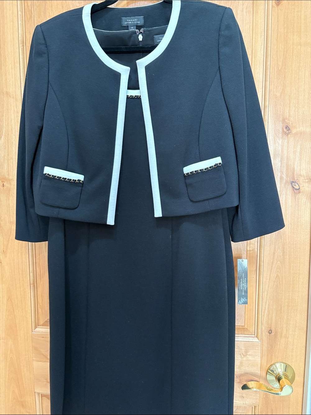 Tahari ASL Black Dress and Cropped Jacket with Cream Trim